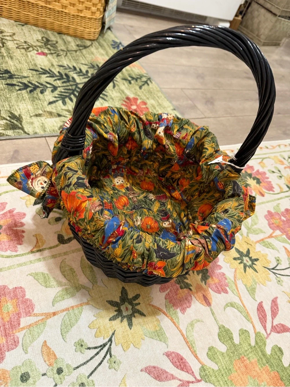 Vintage Autumn Fabric Lined Black Wicker Basket Colorful Autumn Primitives